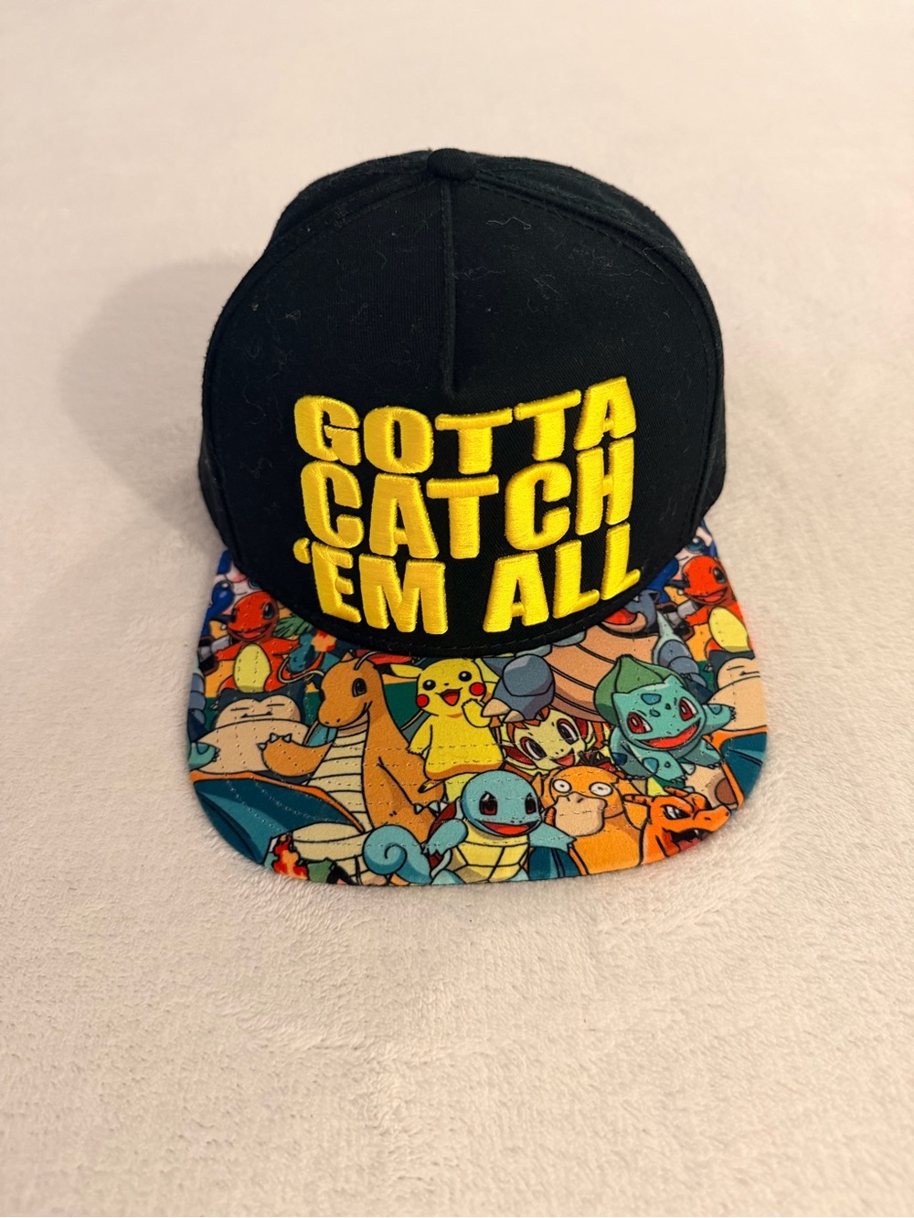Pokemon Black Hat with Yellow Embroidered Slogan and Multicolor Pokemon Brim